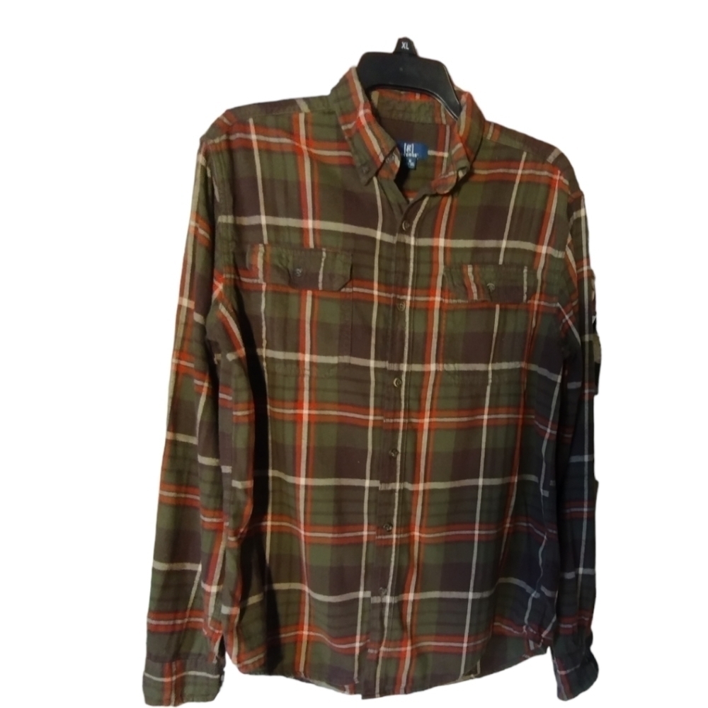 GEORGE Olive Green Plaid Flannel Shirt Size MED. Men's Long Sleeve Super… C73‌‌